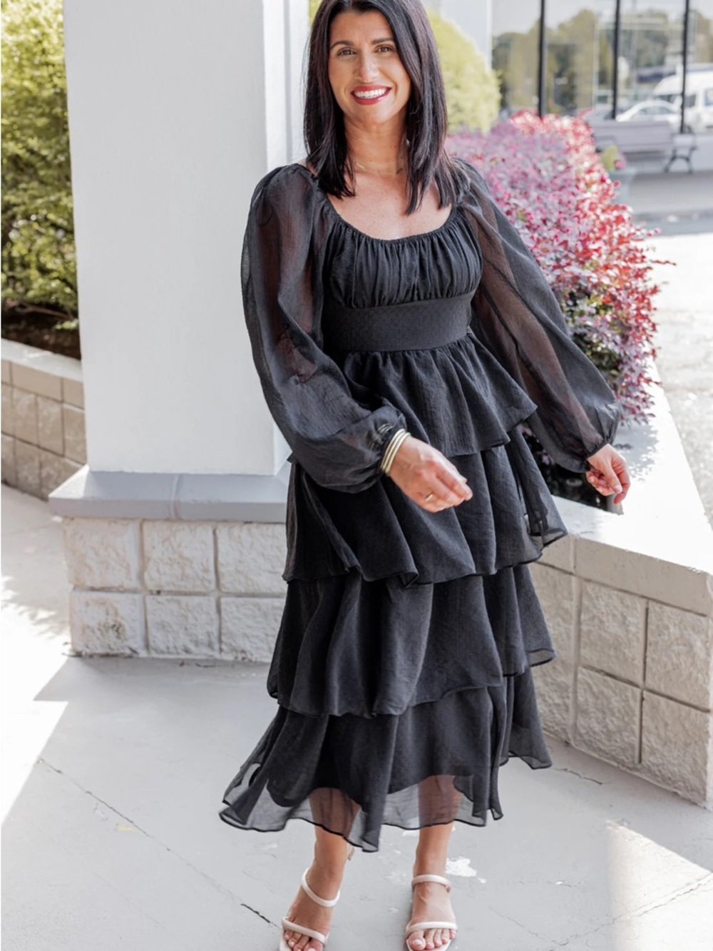 Blu Pepper | S | Black Tiered Long Sleeve Midi Dress